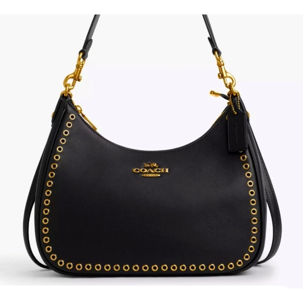 Coach Val Duffle Black Leather Grommet Shoulder Crossbody Bag CY645